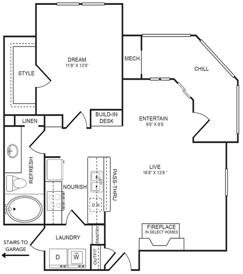 Floor plan for 1 bed, 1 bath, 813 sqft